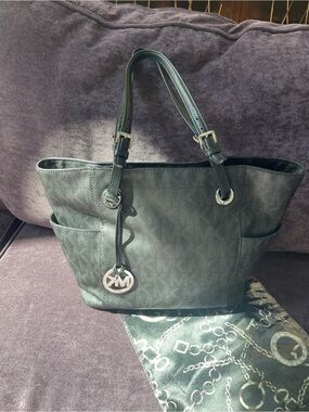 Michael Kors Black Monogram Tote Bag Silver Hardware
